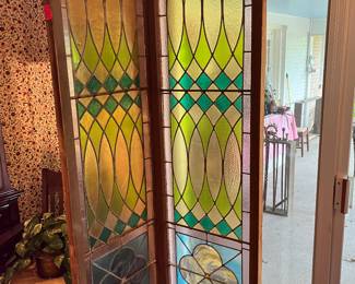 OVER 7' TALL! ANTIQUE STAINED & LEADED GLASS HINGED CHURCH PANELS.