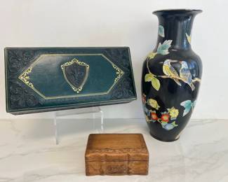 Lot 2963 Asian Porcelain Bird Vase Vintage Green Leather Jewelry Box Lidded Wooden Carved Trinket Box