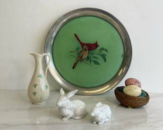Lot 4004 Vintage Stieff Pewter Grace Gilmore Signed Bird Tray Belleek Rabbit Figurines Stone Eggs