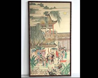 Lot 2976 Asian Hand Painted Garden Gathering Wall Art