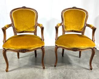 Lot 2912 French Louis XV Style Gold Yellow Velvet Upholstered Armchairs