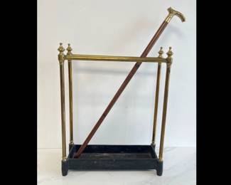 Lot 3064 Vintage Brass Umbrella Stand Wood Cane