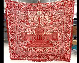 Lot 2848 Large Vintage Jacquard Coverlet Red White Cotton Memorial Hall Philadelphia