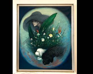 Lot 2775 Original Oil Painting Woman with Flowers and Dogs by Mario Russo Art