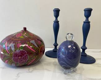 Lot 2828 Painted Papier Mache Lidded Vessel Footed Glass Jar Painted Wooden Candlesticks