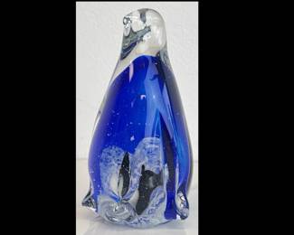Lot 2927 Hand Blown Glass Cobalt Blue Paperweight Penguin with Babies
