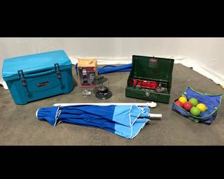 Lot 2908 Grizzly Cooler Coleman Stove Lantern Beach Umbrella Bocci Balls
