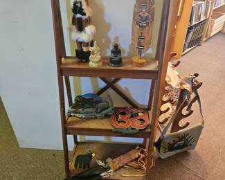 Signed hopi art, mcm ohm wall hanging,
Inuit doll, smudging fans