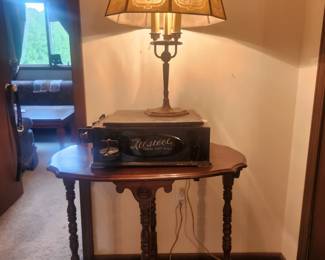 Antique post office scale, early 20th century MSLC lamp with Crystalline shade, antique oval side table