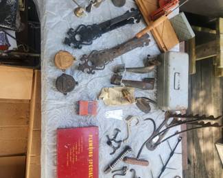 Miter box saw, vintage tools and hardware, antique door pulls, candle suffers, corn cob mount