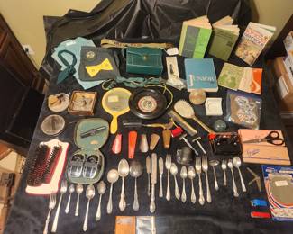 Girl scout collection, boy scout collection, vintage bathroom grooming items, vintage silver plate utinsels