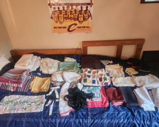 Miscellaneous vintage Doilies, napkins, rag rugs, sheers, mid century shower curtains, vintage bow ties, lace runners, blankets