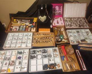 Miscellaneous collectibles, tiny President figurines, jewelry, canastas, designer perfume pack