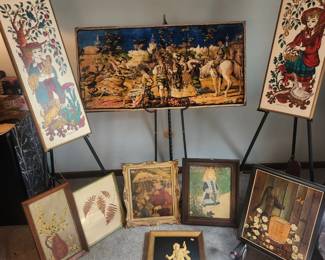 Hand painted Dutch? Pictures, artist Francine...handmade rug pasted on wood backer w. Ribbon edging...last pic bottom right made with natural items like seeds