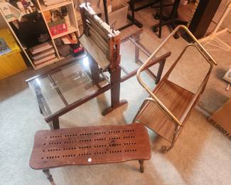 Converted antique wash stand to coffee table, mid century tv stand, bench with multiple evenly spaced holes, not sure maybe a crafting stool