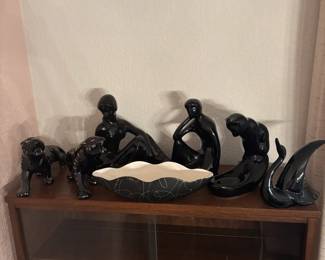 Black Ceramic Figurines and Bowl Lot