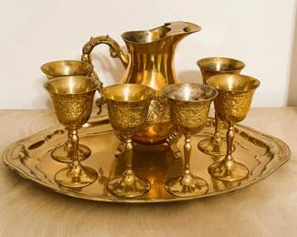 Vintage Brass Ewer and Six Goblets Set