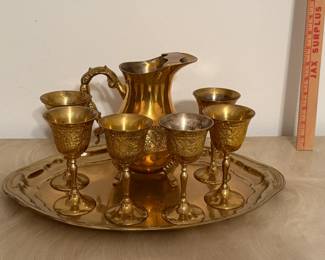 Vintage Brass Ewer and Six Goblets Set
