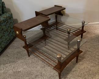 Mid-Century Modern Glass and Wood Round Coffee Table and Two End Tables Set