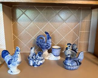Collection of Hand-Painted Blue and White Chicken Figurines