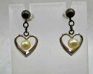 1” Sterling Silver Heart Earrings with Faux Pearls