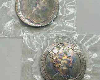 (2) 1990 Isle of Man One Crown “Penny Black Stamp” Silver Coins with Lovely Rainbow Patina
