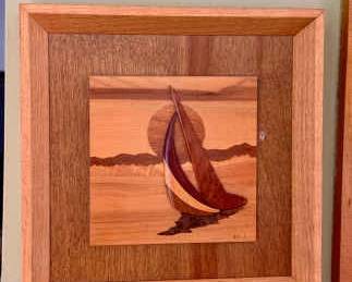 Signed Wood Inlay Wall Art – Sailboat Scene by Robert J. (2022)