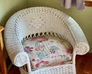 Vintage White Wicker Armchair & Rocker with Floral Cushions