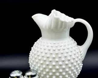 (3) Pieces of White Hobnail Milk Glass – Pitcher & Salt & Pepper Shakers