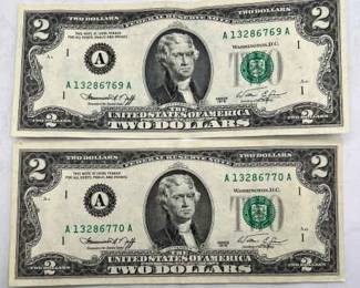 (2) 1976 Two Dollar Bills with Sequential Serial Numbers