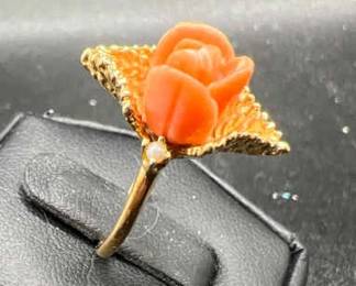 14KT Gold Carved Coral Floral Ring with Seed Pearls — Size 5