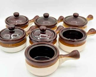 (7) Brown Glazed Stoneware Soup Crocks with Lids