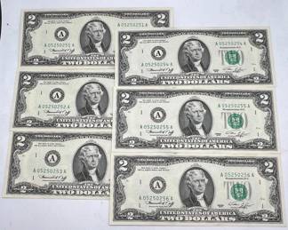 (6) Crisp 1976 Two Dollar Bills with Sequential Serial Numbers