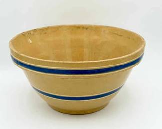 Vintage Stoneware Mixing Bowl with Blue Stripes – 11”
