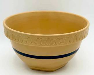 Over and Back Yellow Ware Mixing Bowl with Blue Band – 9.5”