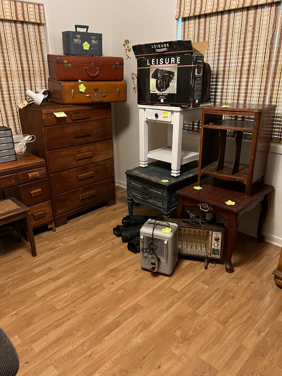 Vintage luggage, end tables, magazine table, heaters