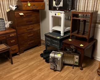 Vintage luggage, end tables, magazine table, heaters