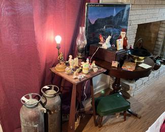 Vintage fire extinguishers, porcelain items from Japan, vintage lamps, stool, wooden box