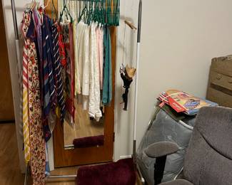 Vintage scarfs, linens, ties, puppet, office chair