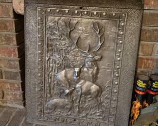 Vintage cast iron stag-relief small fireplace screen