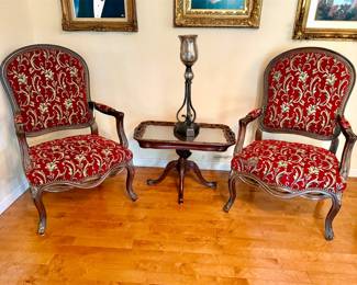 French provincial armchairs + mahogany antique glass-top end table w/removable tray top