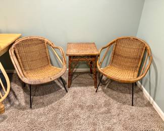 Mid-century 1960s-70s wicker-style rattan armchairs and side table