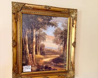 19th Century sunlit path landscape oil painting (print in wood frame)
