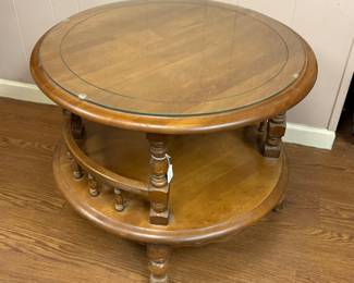 Solid wood round two-level coffee/end table with glass top, vintage 1970s-80s