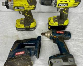 Three Ryobi Cordless Drills and Cordless Sander P236A, P208B, P231 and P400 (sander)