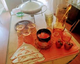 Amber Martini Barware and Vintage Table Linen Orange Placemats w/Napins