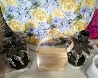 Brass Crystal and marble candle holders and fancy gold purse