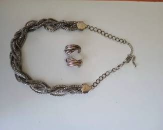 Vintage Twisted Silver Tone Multi Chain Necklace and Sterling Earrings