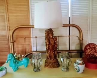 Collectibles, Vintage Asian Lamp and Vintage Gold Wrought Iron Bed