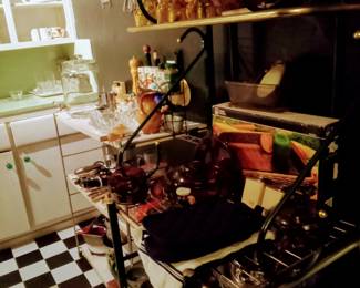 Vintage Bakers Rack and Glass Baking Ware